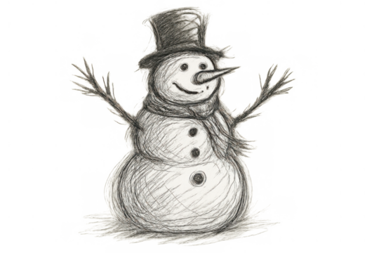 Snowman wearing a top hat and scarf, a charming hand drawn sketch for winter holidays and christmas