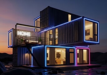 Contemporary shipping container home with neon lights at twilight dusk