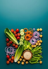 Fresh salad ingredients neatly arranged with creamy dressing bowl