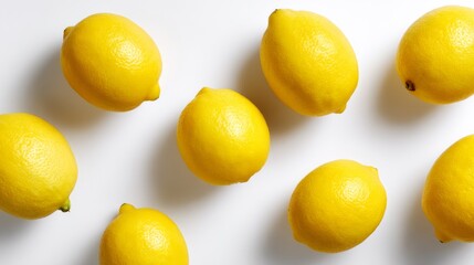 Bright yellow lemons scattered on a clean white surface. Each lemon adds a splash of color and freshness to the image. Ideal for culinary themes and healthy food promotions. AI