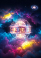 Futuristic orbital habitat over nebulae and distant spiral galaxy view