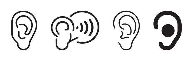 Ear outline vector icon set, hearing concept, clean black outline icon set on white background