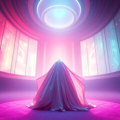 Draped figure stands in a neon-lit, futuristic, circular chamber with dramatic pink and blue light, suggesting mystery, ceremony, or ascension.