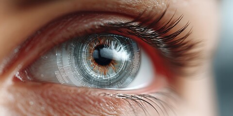 Close-up of a human eye with futuristic digital interface elements, showcasing intricate details of iris and eyelashes, representing advanced technology and vision enhancement concepts