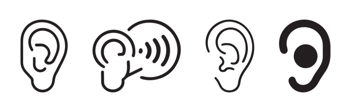 Ear outline vector icon set, hearing concept, clean black outline icon set on white background
