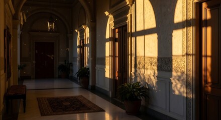 Golden sunlight illuminating a hallway with elegant architecture elements