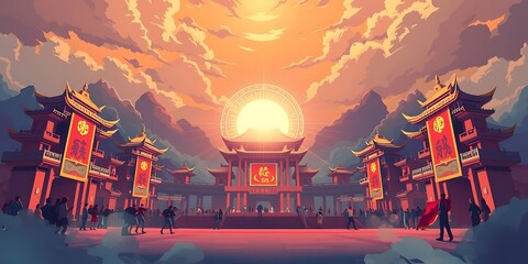 Golden sunset bathes a bustling Asian temple square, radiating power and serenity.