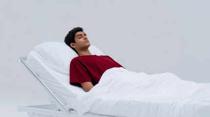 A young person rests in a hospital bed. The atmosphere is calm and serene. The individual wears a simple garment. This image captures a moment of peace and care. Ideal for health themes. AI