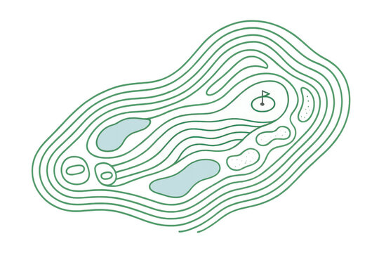 Golf course layout illustration showing aerial map view of hole design with flag, green, and water hazards