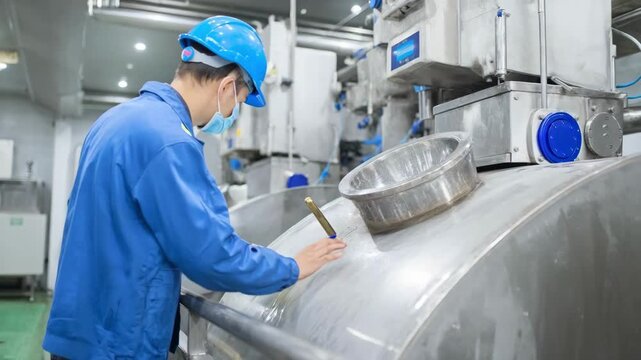 Medium shot of quality control personnel inspecting raw materials in a rendering facility ensuring safety and efficiency in byproduct processing