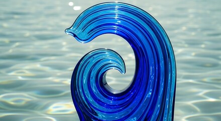 Intricate blue glass wave sculpture resting against flowing watery backdrop