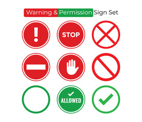 Warning and permission sign icon set with red stop, hand, no entry, and green allowed symbols. Perfect for safety, traffic, restriction, and UI design use.