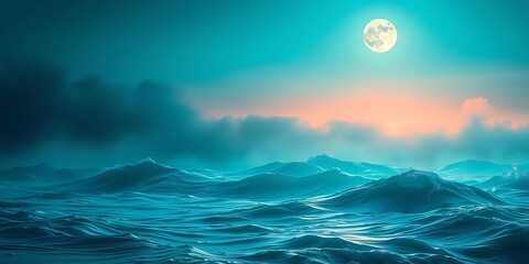 Dramatic, mystical illustration of rough turquoise ocean waves under a bright full moon and dark, foggy clouds with a hint of sunset/sunrise on the horizon.