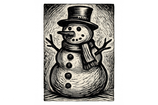 Snowman wearing top hat and scarf, woodcut style holiday winter character, transparent background