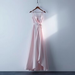 Elegant light pink long dress/gown hanging on a wooden hanger against a white wall with sharp sunlight and shadow. Minimalist bridal or evening wear fashion.