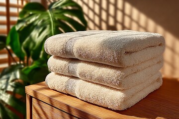 Cozy beige bamboo bath towels folded neatly high resolution picture
