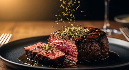 Perfectly cooked steak seasoned with herbs, a culinary masterpiece delight