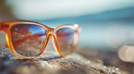 Sunglasses lie on a sunlit rock near the water reflecting a vibrant beach scene and sparkling waves.