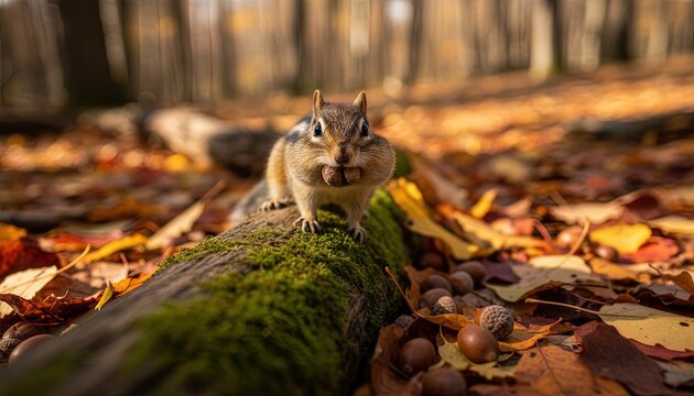 Cute chipmunk with full cheeks carries an acorn, sitting on a mossy log amidst vibrant autumn leaves in a sunlit forest.
