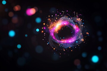Obraz premium Spiraling glowing strands form a circular shape amidst a dark background with bokeh effects.