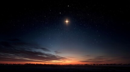 Night sky filled with stars, showcasing a bright celestial star shining over a tranquil landscape, creating a serene atmosphere at dusk with colorful horizon