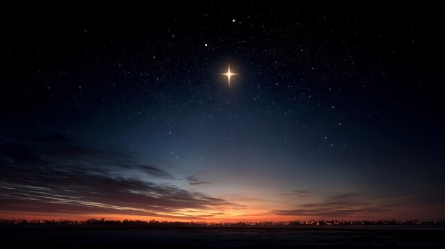 Night sky filled with stars, showcasing a bright celestial star shining over a tranquil landscape, creating a serene atmosphere at dusk with colorful horizon