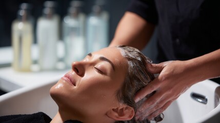 Relaxing hair wash at a salon. A woman enjoys a luxurious shampoo treatment by a stylist. Professional care for hair. Peaceful moments in a serene environment. AI
