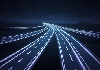 Abstract luminous highways converge toward the horizon point at twilight