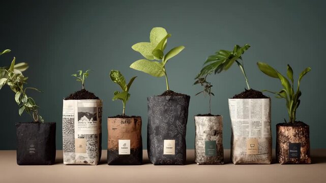 Medium shot highlighting innovative sustainable packaging solutions for saplings with compostable elements promoting green gardening initiatives.