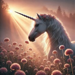 A beautiful unicorn stands gracefully amidst a field of pink flowers during early morning. Sunlight filters through trees, creating a magical atmosphere.