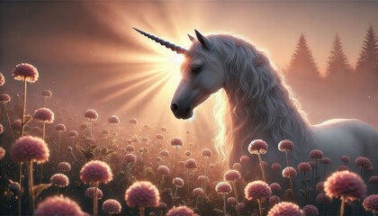 A unicorn with a shining horn strolls through a colorful flower field, illuminated by a bright star and a crescent moon, creating a dreamy atmosphere at night.