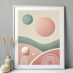 A decorative art piece showcases pastel colors and smooth shapes, including circles and curves, set against a neutral background in a stylish interior space.