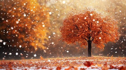 Experience the magic of autumn with falling leaves and snow, a scene of vibrant beauty and serene tranquility perfect for seasonal promotions