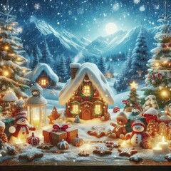 A cozy village covered in snow showcases charming houses with glowing lights. Gingerbread men, snowmen, and festive decorations add a whimsical touch to the winter scene.
