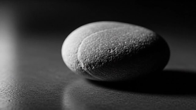 A single smooth grey pebble on a dark textured surface with dramatic lighting and long shadow monochrome still life