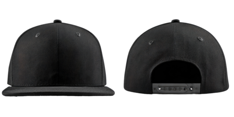 Front and back view of a blank black flat bill cap