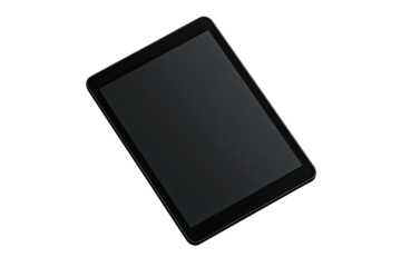 A dark gray tablet computer, angled, with a blank screen
