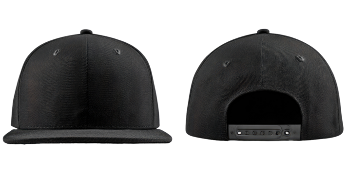 Front and back view of a blank black flat bill cap
