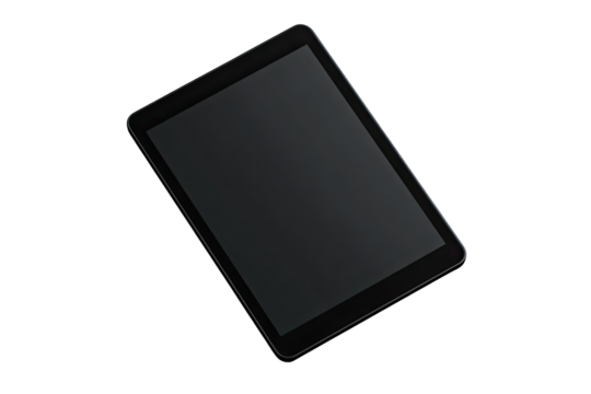 A dark gray tablet computer, angled, with a blank screen