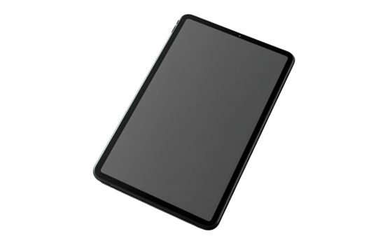 A black tablet computer, angled, displays a dark gray screen.  Its rectangular form is slightly elevated off the background
