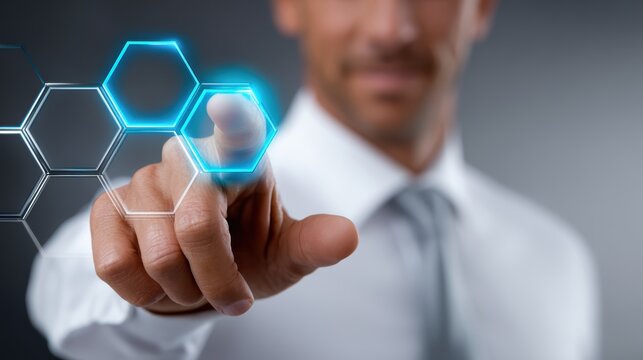 Future Technology Interface: Businessman Tapping Digital Screen