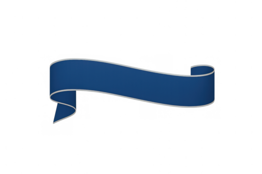 Wavy blue blank ribbon banner with silver border, curved decorative element on transparent background