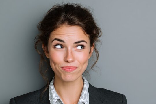 Businesswoman smirking slightly while raising her eyebrows, showing playful confidence.