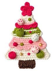 Chunky yarn Christmas tree ornament in kawaii style with embroidered eyes and bright pastel pom poms