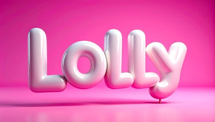 Lolly" word art, 3D rendered white letters on vibrant pink background, clean & playful composition