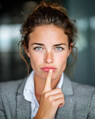 Fototapeta premium Focused businesswoman pursing her lips while concentrating on evaluating a complex situation.