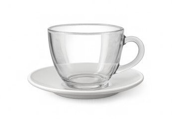 Empty transparent glass teacup and saucer presenting clean tableware for beverage mockup with clear background