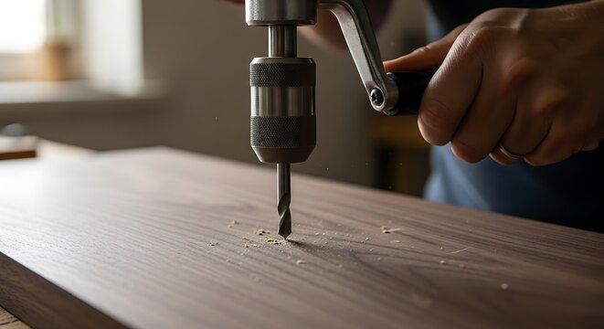 Crafting elegance: Precision drilling through rich walnut wood grain for furniture design creation - Powered by Adobe