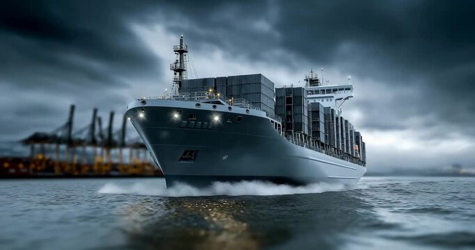 Cargo Ship Approaching Berth Automated Pilot Crane Choreography Clouds