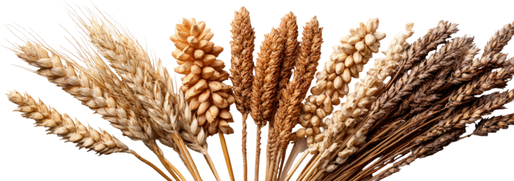 A cluster of diverse wheat ears in various shades of beige and brown